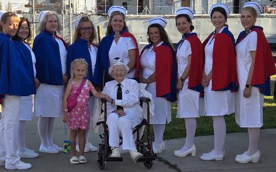 Irene Hosking was made an honorary member of Aleda E. Lutz Medical Center’s nurse honor guard. The Bay City, Mich., facility celebrated the centenarian during the Marine Corps league’s meeting on the USS Edson on June 26, 2024.