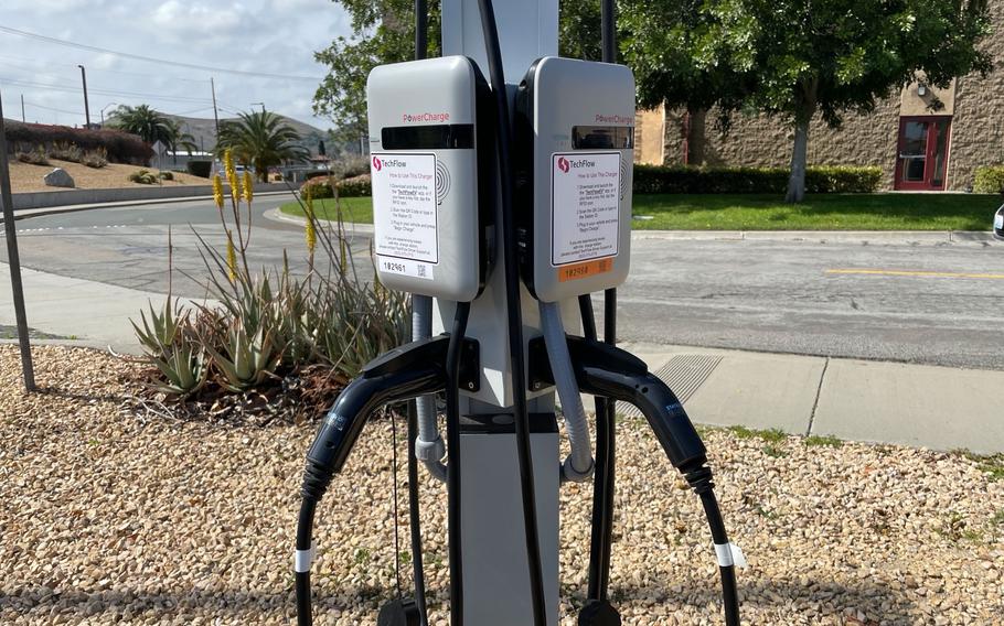 A Level 2 charging station for personally owned and government electric vehicles at Marine Corps Base Camp Pendleton, Calif. 