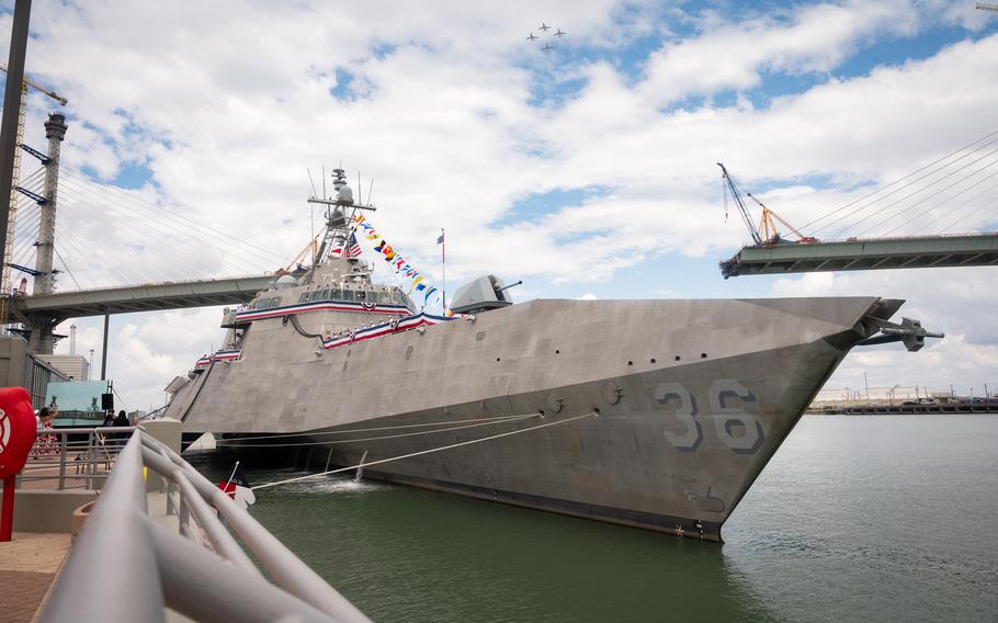 The crew of the Navy's newest littoral combat ship, USS Kingsville (LCS 25), brings the ship to life during its commissioning ceremony, Saturday, August 24, 2024, in Corpus Christi, Texas. 