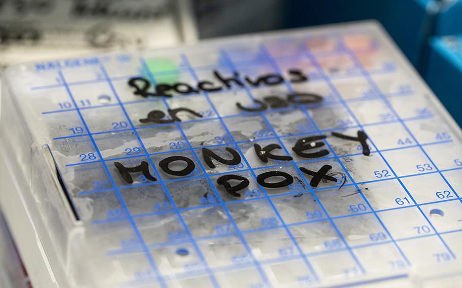 A reaction to test suspected monkeypox samples is seen inside a fridge at the microbiology laboratory of La Paz Hospital on June 6, 2022, in Madrid, Spain. As of Friday, May 12, 2023, nearly 250 people in California have been hospitalized with mpox.