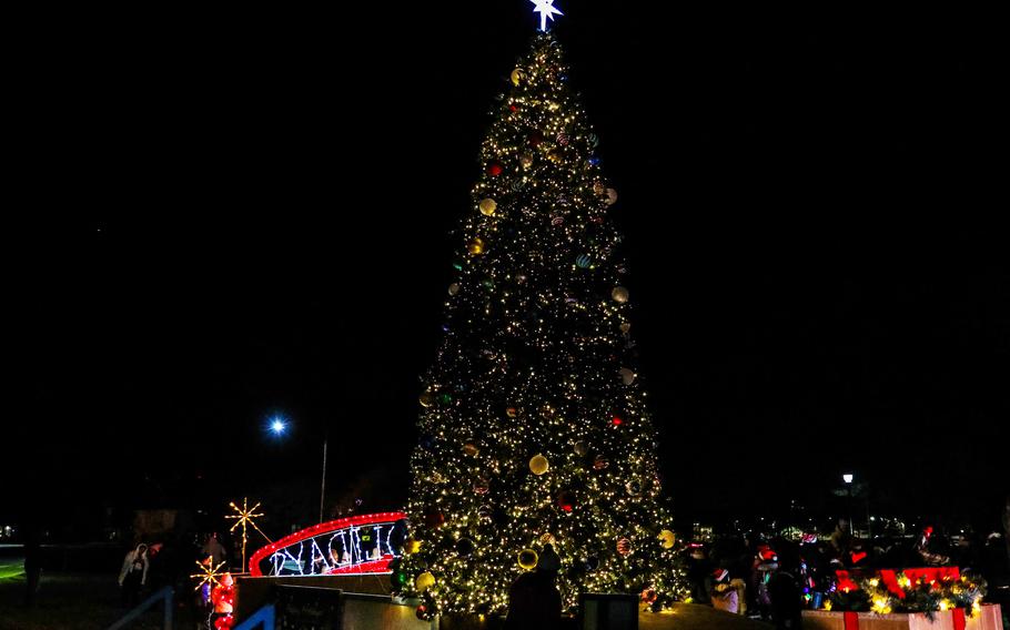 The Christmas tree at Fort Campbell is lit.