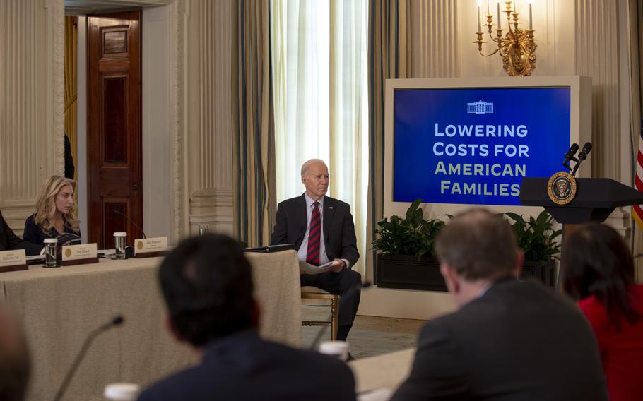 President Joe Biden listens to presentations from the Competition Council at the White House on March 5, 2024. 