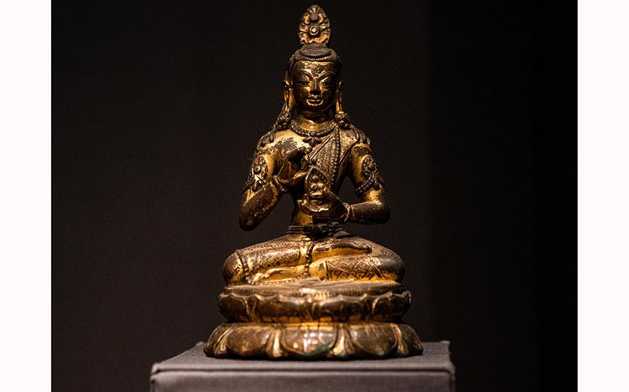 A 12th-century Bodhisattva statue at the Metropolitan Museum of Art in New York in May 2021. Its plaque says “Gift of Douglas A.J. Latchford 1989.” Latchford donated Khmer relics to museums around the world. 