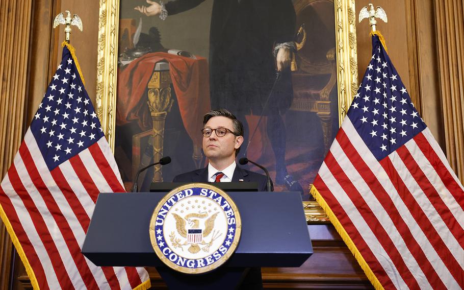 U.S. Speaker of the House Mike Johnson, R-La., gives remarks ahead of a Capitol Menorah lighting ceremony at the U.S. Capitol Building on Dec. 12, 2023, in Washington, D.C.