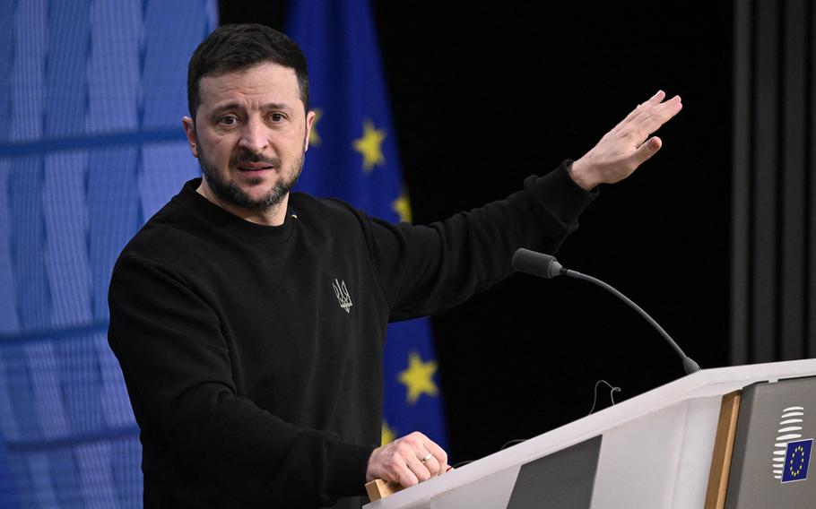 President Volodymyr Zelensky speaks during a press conference