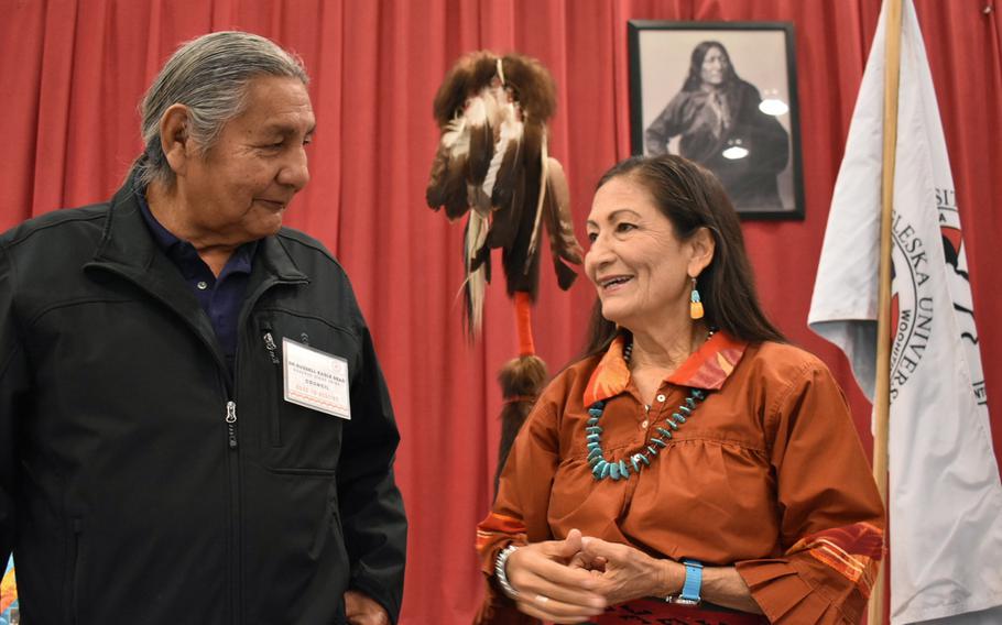 Russell Eagle Bear and U.S. Interior Secretary Deb Haaland.