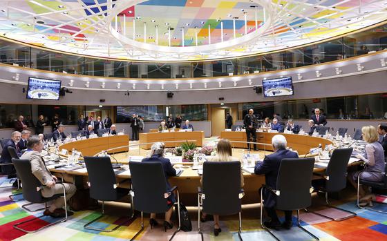 European Union leaders attend a round table meeting at an EU summit in Brussels, Thursday, March 20, 2025. (AP Photo/Omar Havana)