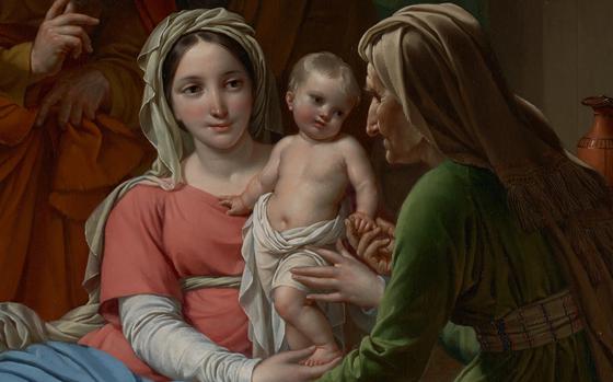 A portion of the painting “The Holy Family” (about 1820) by Joseph Paelinck depicts the baby Jesus held by Mary, left, and her mother Anne. MUST CREDIT: Joseph Paelinck/J. Paul Getty Museum