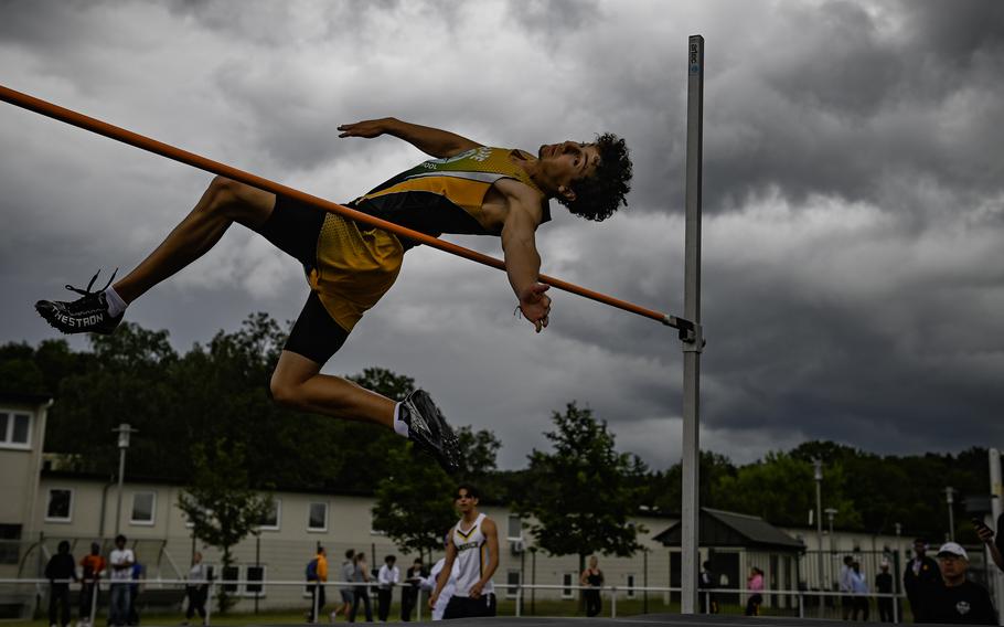 Samson Tryon clears the bar, securing second place with a jump of 1.85 meters during the boys high jump at the 2024 DODEA European Championships at Kaiserslautern High School in Kaiserslautern, Germany, on May 24, 2024.