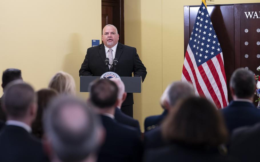 Homeland Security Secretary Alejandro Mayorkas gives remarks during the Department of Homeland Security (DHS) Police Week Memorial Ceremony at DHS Headquarters in Washington, D.C., May 9, 2024.