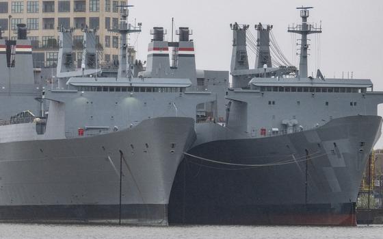 The SS Antares, left, and SS Denebola are fast military sealift ships stationed at Pier 8 in Locust Point. The pair are among several large ships stuck in the port following the collapse of the Francis Scott Key Bridge. (Jerry Jackson/The Baltimore Sun/TNS)