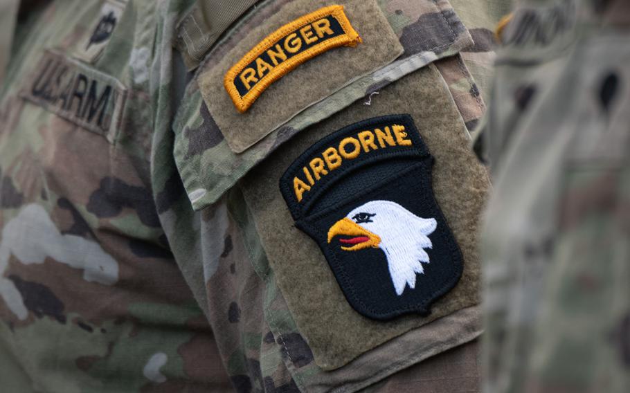 The 101st Airborne Division patch worn by a soldier at a ceremony in Mesch