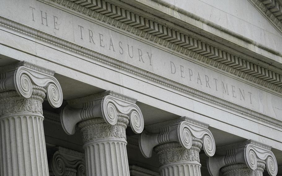 A view of the front of the U.S. Treasury Department’s headquarters in Washington, D.C., May 4, 2021.