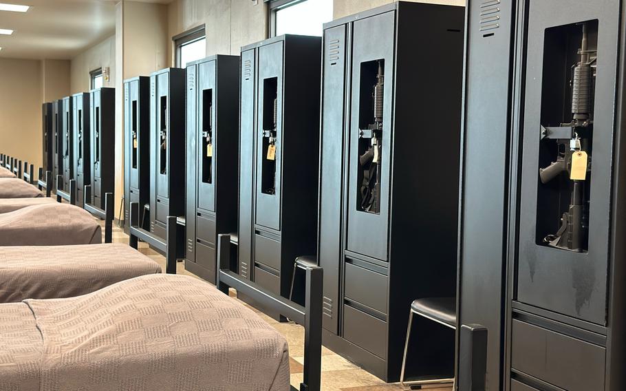 M4 rifles are securely stored in lockers at Joint Base San Antonio-Lackland on Aug. 13, 2024. These inert weapons are part of the Air Forces reintroduced Trainer Weapon Program.