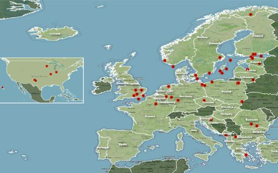 A map of Europe and the United States with spots marked by red dots where officials say Russia has committed acts of sabotage.