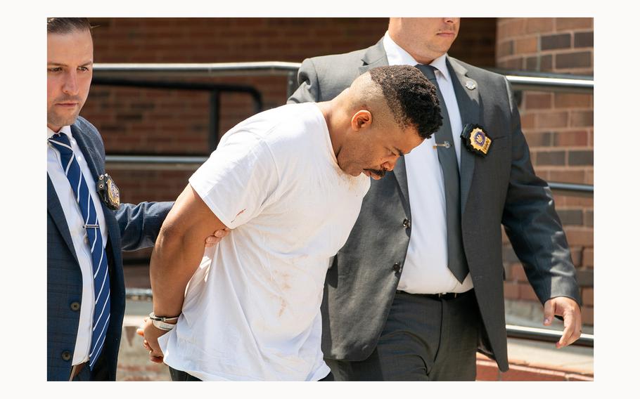 Daniel Hyden is pictured in police custody leaving the NYPD 7th Precinct stationhouse on Friday, July 5, 2024, in Manhattan, New York. 