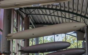 Models hanging from the ceiling of the Zeppelin Museum in Neu-Isenburg, Germany, show several variations of the famous airships. The LZ 10 Schwaben, which debuted in 1911, was used as a commercial airship by DELAG, the world's first airline. Behind it is the L59, a military airship used in World War I.