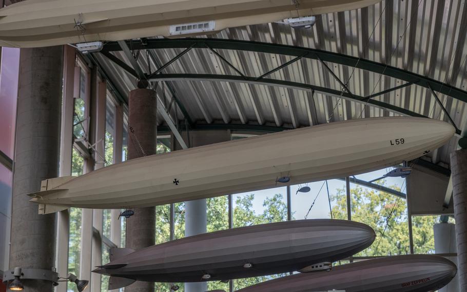 Models hanging from the ceiling of the Zeppelin Museum in Neu-Isenburg, Germany, show several variations of the famous airships. The LZ 10 Schwaben, which debuted in 1911, was used as a commercial airship by DELAG, the world's first airline. Behind it is the L59, a military airship used in World War I.