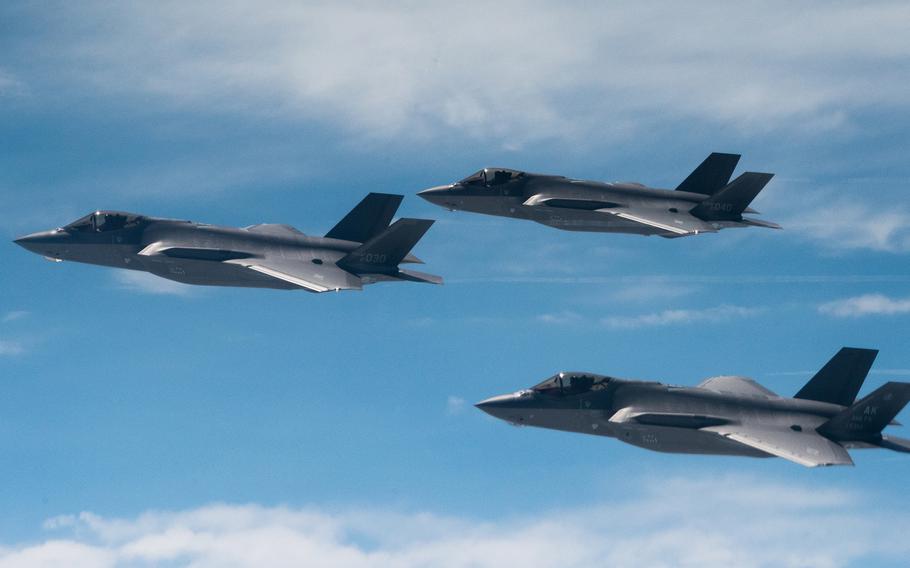 F-35A Lightning II stealth fighters train over the Korean Peninsula.