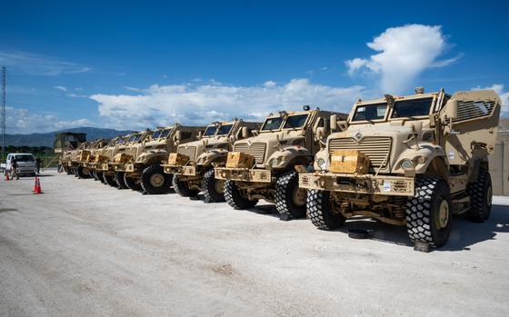 PORT-AU-PRINCE, Haiti — U.S. Department of Defense supplied Mine-Resistant Ambush Protected (MRAP) vehicles delivered to Port-au-Prince, Haiti, July 6-8, 2024 are prepared for transfer to Kenyan personnel deployed to the Caribbean nation as part of the Multinational Security Support (MSS) mission. The MSS Mission is utilizing 10 MRAPs transferred to it to help the Haitian National Police restore security in regions impacted by widespread gang violence. The MRAPs were delivered as part of the U.S. government’s ongoing support to Haitian-led security efforts in the country. At the direction of U.S. Southern Command, U.S. Air Force C-17 transport aircraft began delivering 24 additional MRAPs to Port-au-Prince Aug. 23 for transfer to the MSS. (U.S. Air Force photo by Senior Airman Mitchell Corley)