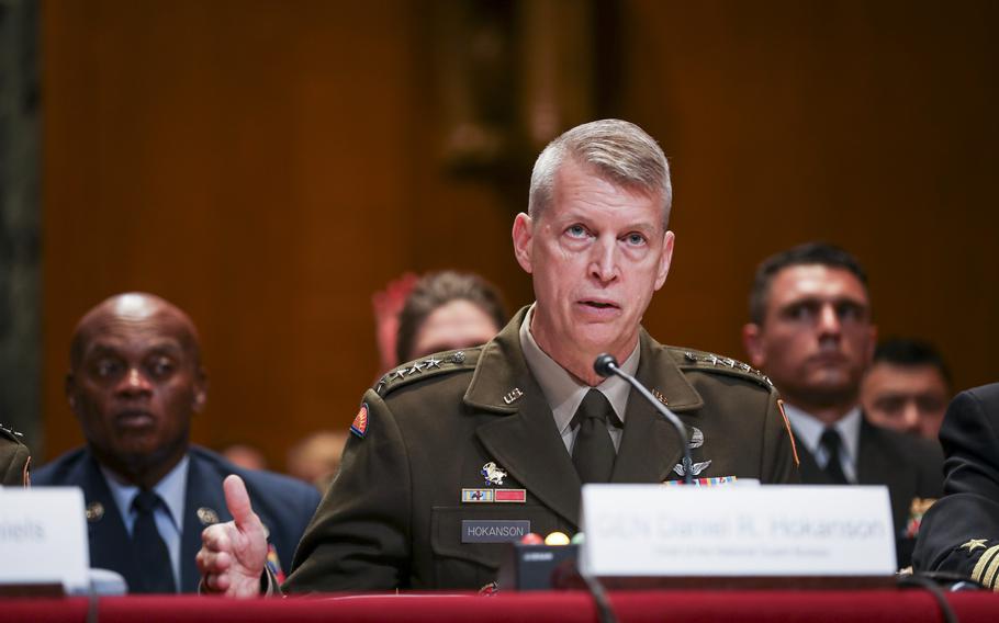 Army Gen. Daniel Hokanson, chief of the National Guard Bureau, testifies June 18, 2024, before the Senate Appropriations Subcommittee on Defense at the Dirksen Senate Office Building on Capitol Hill in Washington, D.C. 