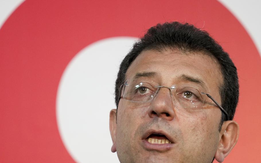 Republican People’s Party, or CHP, candidate for Istanbul Ekrem Imamoglu addresses supporters at his party headquarters in Istanbul, Turkey, March 31, 2024. 