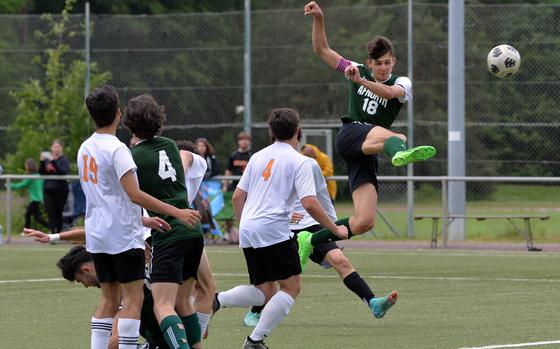 AFNORTH’s Nathan Goldsmith makes an artistic attempt to score after a corner kick flew over teammates and opponents in a Division III semifinal at the DODEA-Europe soccer finals in Landstuhl, Germany, May 22, 2024. AFNORTH beat Spangdahlem 4-0 to advance to Thursday’s final against Ansbach.