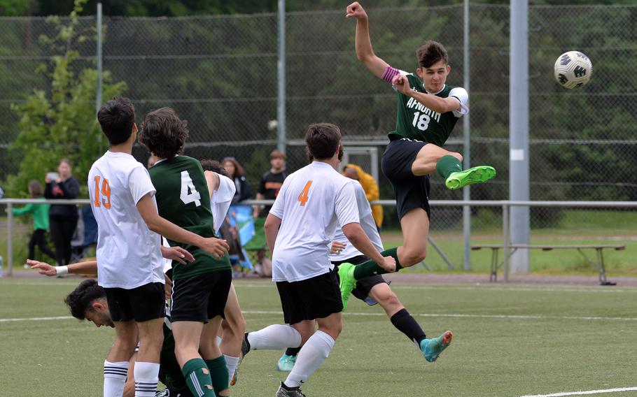AFNORTH’s Nathan Goldsmith makes an artistic attempt to score after a corner kick flew over teammates and opponents in a Division III semifinal at the DODEA-Europe soccer finals in Landstuhl, Germany, May 22, 2024. AFNORTH beat Spangdahlem 4-0 to advance to Thursday’s final against Ansbach.