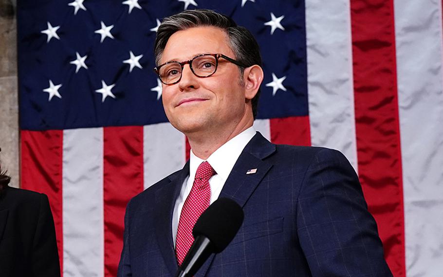 House Speaker Mike Johnson looks over the floor ahead of the State of the Union address at the Capital in Washington on March 7, 2024.