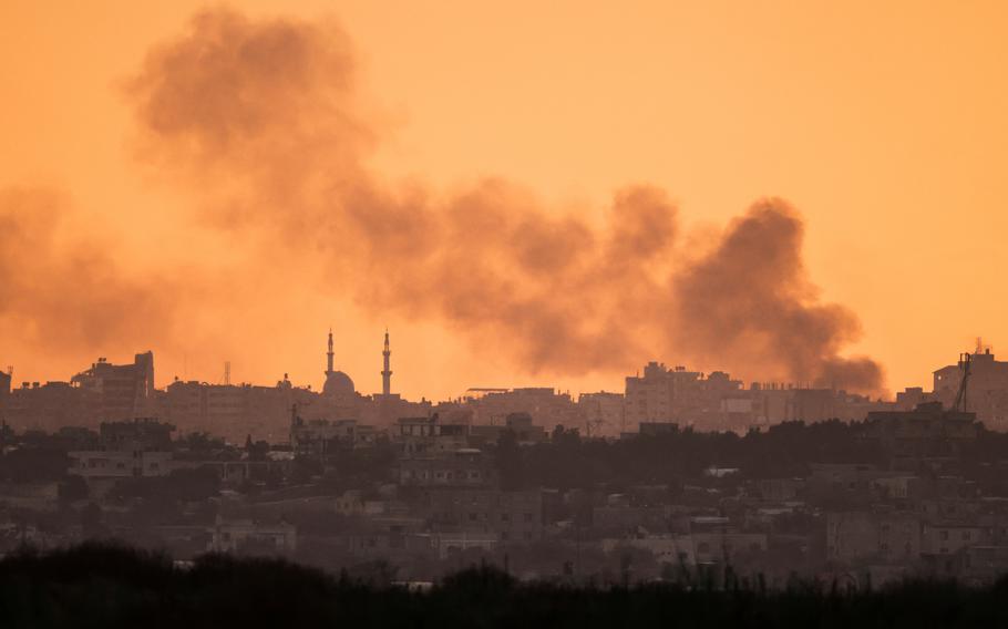 Smoke rises above southern Gaza, amid the ongoing conflict in Gaza between Israel and Hamas, as seen from Israel’s border with Gaza in southern Israel, May 28, 2024. 