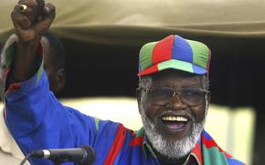 FILE - Namibian and ruling Swapo party President Sam Nujoma speaks during an election rally in Windhoek, Namibia, Nov. 13, 2004. (AP Photo/Themba Hadebe, File)