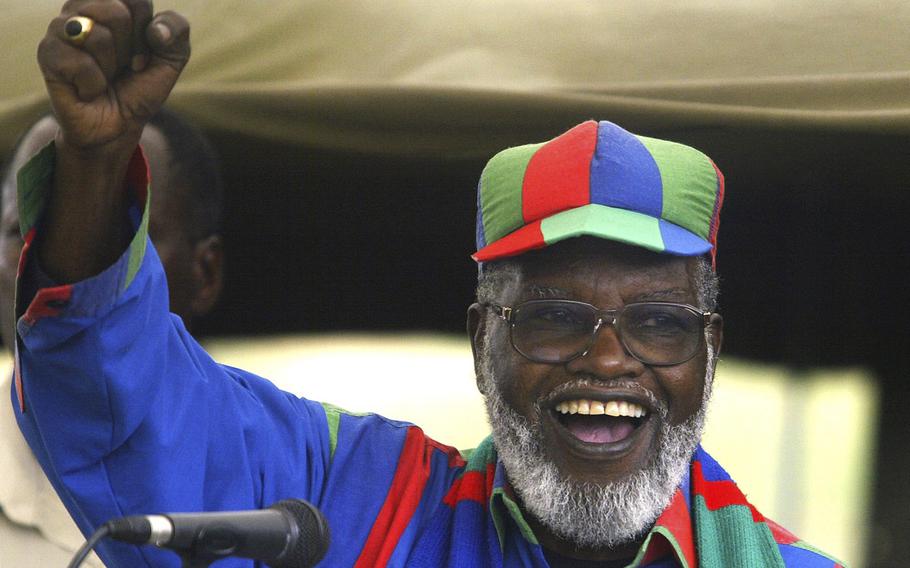 Namibian and ruling Swapo party President Sam Nujoma speaks during an election rally in Windhoek, Namibia, Nov. 13, 2004. 