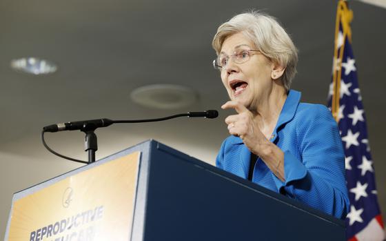 Sen. Elizabeth Warren (D-MA) gives remarks on reproductive care alongside Health and Human Services Secretary Xavier Becerra and Senate Democrats at the U.S. Department of Health and Human Services building on June 18, 2024, in Washington, D.C. (Anna Moneymaker/Getty Images/TNS)