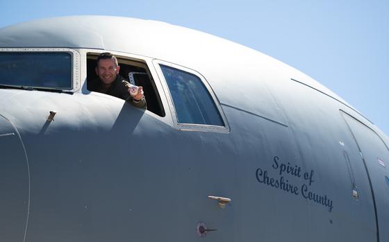 Maj. Bryant Burns, a KC-46 pilot with the 157th Operations Group, prepares for a flyover for the Red Sox opening day ceremony at Fenway Park, Boston, Massachusetts April 9, 2024 at Pease Air National Guard Base, New Hampshire. A ceremony Sunday honored the more than 180 Airmen of the 157th Air Refueling Wing and 64th Air Refueling Squadron stationed at Pease Air National Guard Base in Newington who will be deployed this fall.