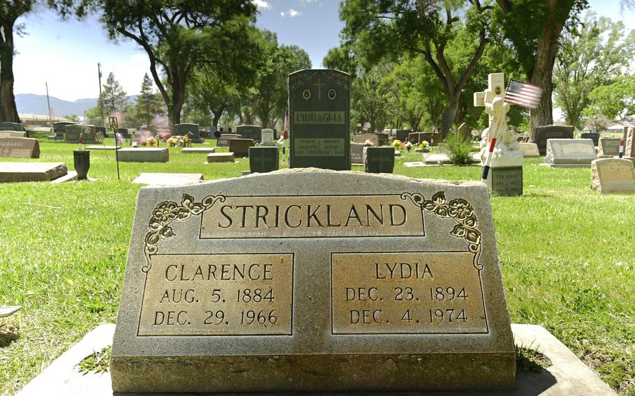 Clarence and Lydia Strickland’s gravestone at Union Highland Cemetery in Florence, Colorado, on Thursday, May 23, 2024. The remains of their son, U.S. Army Technician 5th Grade Clifford H. Strickland, who died as a prisoner of war in World War II, have been officially identified and will be buried in the Florence cemetery this summer. 