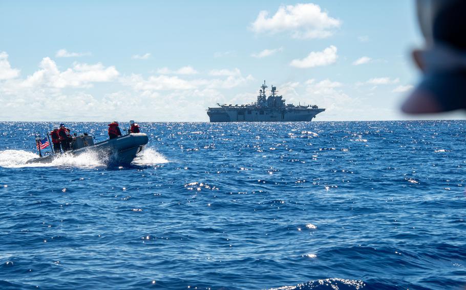 Sailors assigned to the amphibious assault ship USS America participate in small boat operations in the Philippine Sea on Aug. 1, 2024. 