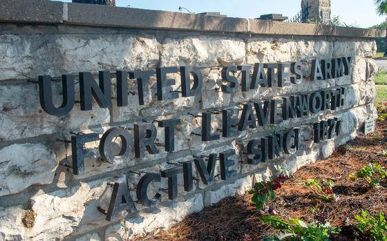 Close-up view of a stone entrance sign for U.S. Army base Fort Leavenworth.