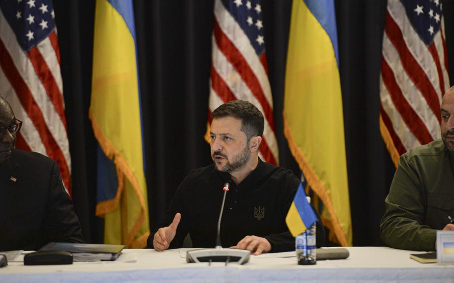 Ukrainian President Volodymyr Zelenskyy speaks during the Ukraine Defense Contact Group meeting at Ramstein Air Base, Germany, Sept. 6, 2024. It is the first time the head of the Ukrainian government attended the meeting at the U.S. military base in person.