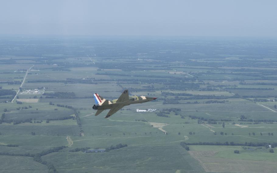 A U.S. Air Force T-38 Talon aircraft assigned to the 509th Bomb Wing prepares to conduct a flyover during the 2024 Wings Over Whiteman Air Show at Whiteman Air Force Base, Mo., July 13, 2024. 