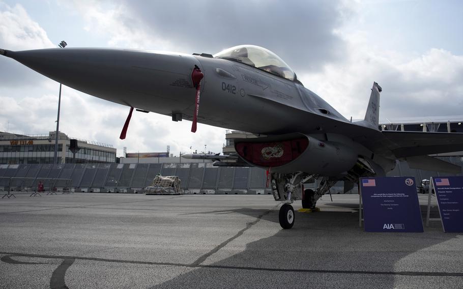 A U.S. Air Force F-16 fighter jet is on display during the Paris Air Show in Le Bourget, north of Paris, France, Monday, June 19, 2023. 