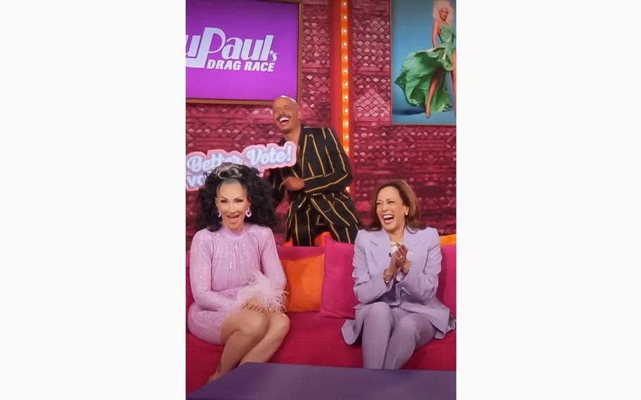 A video screen grab shows Vice President Kamala Harris, right, appearing on “RuPaul’s Drag Race All Stars,” urging viewers to vote in the November 2024 election cycle.