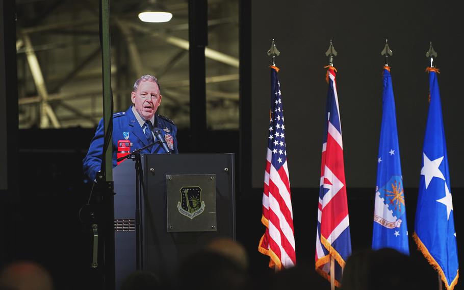 A general speaks at a ceremony.