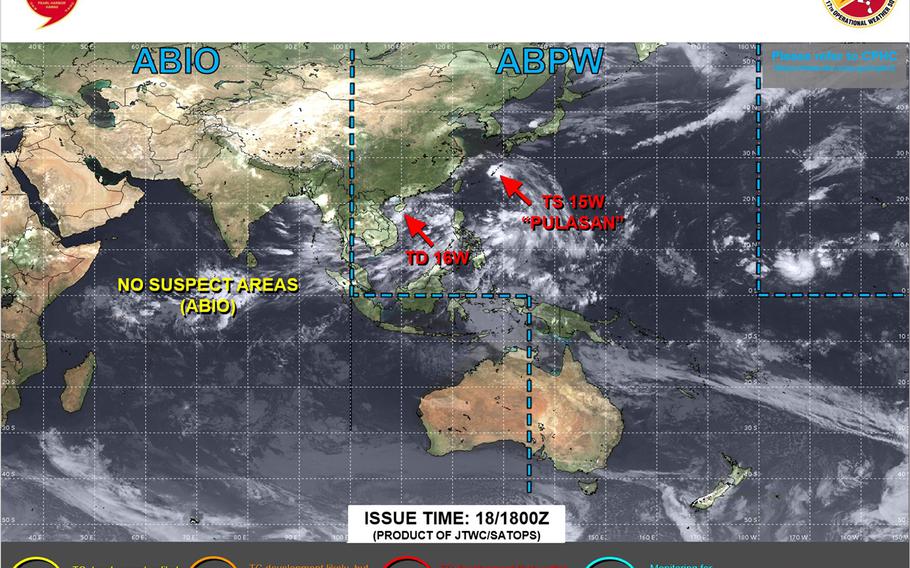 Pulasan has passed closest point of approach to Okinawa. Showers and gusty winds forecast to continue Thursday as Pulasan moves out of the area.