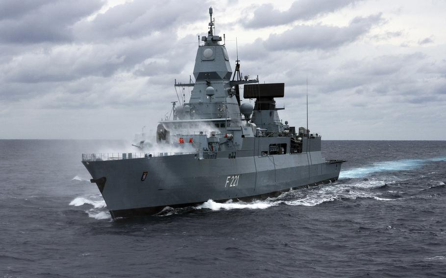 The German navy frigate Hessen sails in waters off the East Coast of the U.S. in 2018. Hessen repelled two Houthi aerial drone attacks in the Red Sea on Tuesday, Feb. 27, 2024, the German Defense Ministry posted on X, formerly known as Twitter.