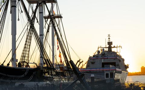 The USS Nantucket is seen in front of the historic USS Constitution, now a museum, in the morning hours before the former’s commissioning in Boston, Nov. 16, 2024. 