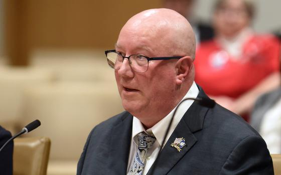 Larry Herke, then the commissioner of the Minnesota Department of Veterans Affairs, testifies Tuesday, March 21, 2023 to the Senate veterans committee at the Capitol in St. Paul. (Christopher Magan / Pioneer Press)