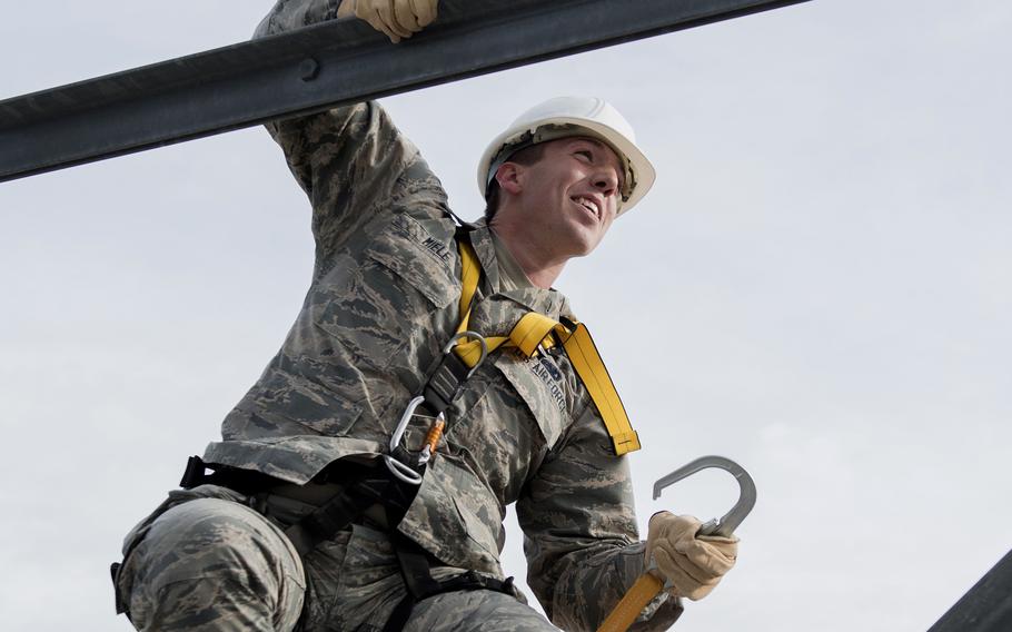 The search is still on for Staff Sgt. Joseph Miele, who went missing from Aviano Air Base in Italy on July 23, 2024, base officials said the following day. Here he is seen climbing the radar tower at Sheppard Air Force Base, Texas, in 2017.  