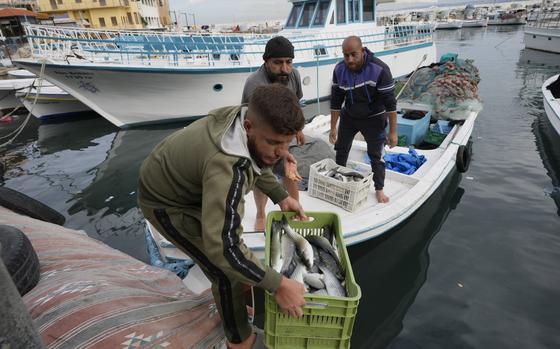 A fisherman holds a basket full of fish in Tyre, southern Lebanon, where the ceasefire between Israel and Hezbollah brought hope for normality back to many on Friday, Nov. 29, 2024. (AP Photo/Hussein Malla)