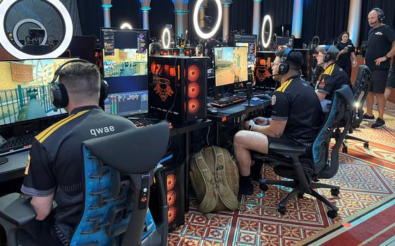 The U.S. Army esports team prepares for a match at Call of Duty Endowment Bowl V in Washington on Aug. 28, 2024.