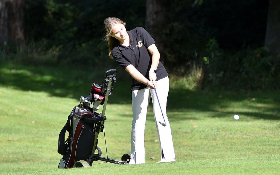 Stuttgart's Roxanne Mirenda hits on the fairway of Woodlawn Golf Course's No. 18 hole on Sept. 28, 2023, on Ramstein Air Base, Germany.